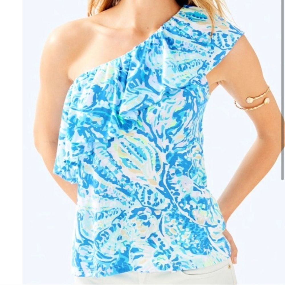 Lilly Pulitzer Matteo One Shoulder Top in Bennet Blue Salty Seas
